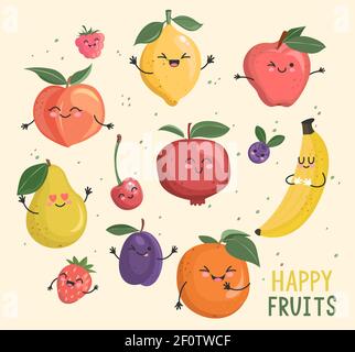 Grande insieme di divertenti personaggi di frutta allegra. Illustrazione Vettoriale