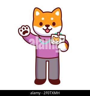 Carino personaggio del cane cartoon che tiene badge id e sventolando Ciao. Nuovo dipendente al lavoro. Divertente disegno del personale dell'ufficio, illustrazione vettoriale. Illustrazione Vettoriale
