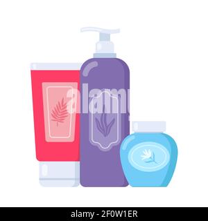 Set di provette e fiale cosmetiche. Tutto per la bellezza e la cura della pelle. Bottiglie cosmetiche. Crema, gel, tubo, sapone. Prodotti per la bellezza e la pulizia. VEC Illustrazione Vettoriale