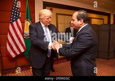 Il presidente Donald Trump saluta il presidente dell'Egitto Abdel Fattah al Sisi prima del loro incontro bilaterale domenica 21 2017 maggio presso il Ritz-Carlton Hotel a Riyadh Arabia Saudita. Foto Stock