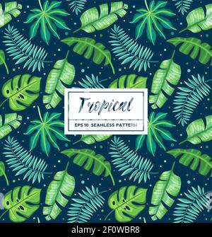 Motivo tropicale senza cuciture con foglie esotiche di palma su sfondo scuro. Ideale per sfondi, riempimenti di motivi, sfondi di pagine web, superfici e tessuti Illustrazione Vettoriale