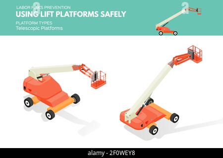 Piattaforme di sollevamento isolate bianche isometriche informazioni sulla prevenzione del rischio di lavoro tipi di piattaforma su piattaforma telescopica Illustrazione Vettoriale