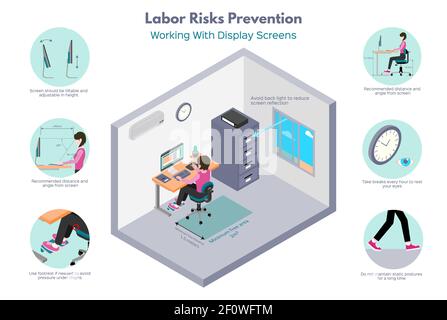 Prevenzione dei rischi di lavoro. Ufficio funziona. Raccomandazioni sull'utilizzo degli schermi. Illustrazione isometrica, isolata su sfondo bianco. Illustrazione Vettoriale