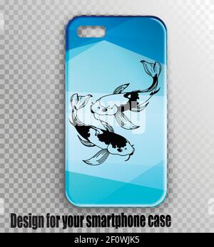 Custodia per smartphone con elegante design geometrico e disegno in carpa giapponese. Smartphone mock-up. Due belle carpe giapponesi - stampa trendy Illustrazione Vettoriale