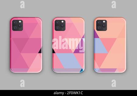 Ampia serie vettoriale di custodie per smartphone mock-up con stampa di motivi geometrici. Modello realistico per smartphone su sfondo grigio Illustrazione Vettoriale