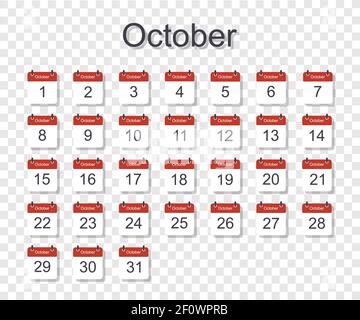 Modello di calendario mensile per ottobre con data giornaliera. Su sfondo trasparente. Stile piatto. Illustrazione vettoriale... Illustrazione Vettoriale