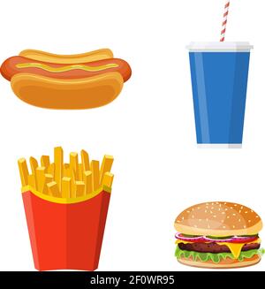 Icone pranzo con hamburger, hot dog, patatine fritte e soda. Gruppo di prodotti Fast Food. Illustrazione vettoriale in stile piatto Illustrazione Vettoriale