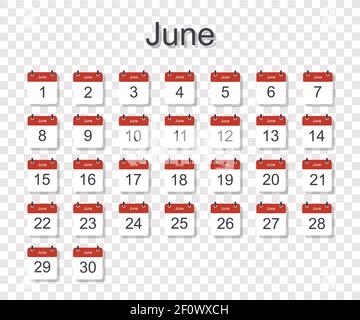 Modello di calendario mensile per giugno con data giornaliera. Su sfondo trasparente. Stile piatto. Illustrazione vettoriale. Illustrazione Vettoriale