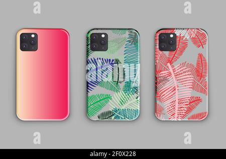 Ampio set vettoriale di custodie per smartphone mock-up con splendida stampa a gradiente e motivo tropico. Smartphone realistico pronto per il mock-up Illustrazione Vettoriale