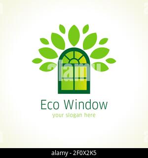 Logo eco-vettoriale di Windows. Icona modello di costruzione di azienda architettonica o ambientale in una forma di finestra ad arco verde con la corona di foglie Illustrazione Vettoriale