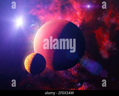 Pianeti fantascientifico, scoperta di nuovi mondi, fantascienza. Pianeti e lune di altre galassie e universi. Mondi fantastici. Nebulose e stelle Foto Stock