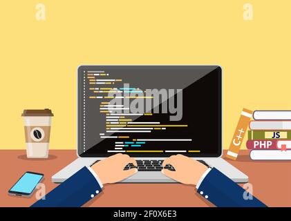 Programmatore di persona che lavora su un computer portatile Illustrazione Vettoriale