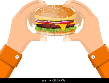 Hamburger tenendo in mano, mangiare concetto di fast food. Illustrazione Vettoriale