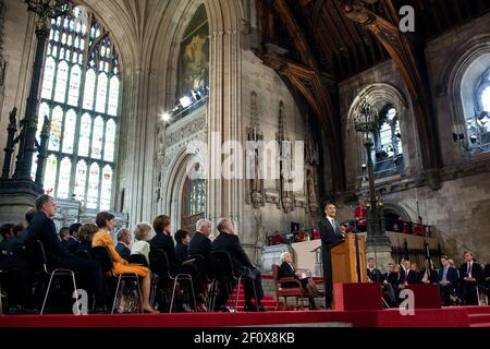 Il presidente Barack Obama ha pronunciato un discorso ai membri di entrambe le Camere del Parlamento alla Westminster Hall di Londra, Inghilterra, il 25 maggio 2011 Foto Stock