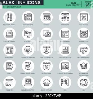 Icone di sviluppo e progettazione Web su linea sottile per siti Web e mobili e applicazioni. Contiene icone quali Software, programmazione, sincronizzazione. 48x48 pixel P Illustrazione Vettoriale