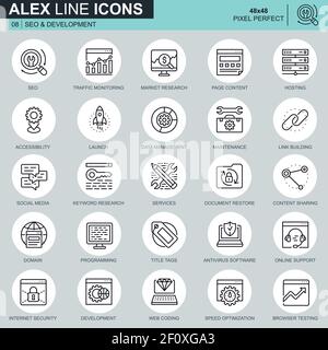 Set di icone di sviluppo e seo sottile per siti Web e mobili e applicazioni. Contiene icone come Hosting, Ricerca di mercato, programmazione. 48x48 Pixe Illustrazione Vettoriale