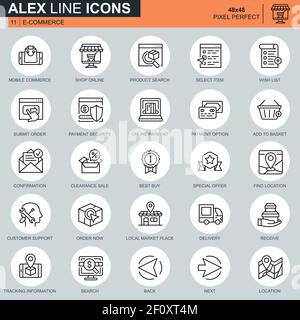 Icone di shopping online e e-commerce su linea sottile per siti Web e mobili e applicazioni. Contiene icone come pagamento online, supporto. 48x48 pixel P Illustrazione Vettoriale