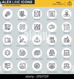 Set di icone per processi creativi e flussi di lavoro dei progetti sottili per siti Web e mobili e applicazioni. Contiene icone come ispirazione, idea grande. 48x48 Pi Illustrazione Vettoriale