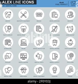 Linea sottile per la cura dentale, attrezzature odontoiatriche, set di icone igieniche per siti web e mobili e applicazioni. Contiene icone come dentista, parentesi graffe. 48x48 Pixe Illustrazione Vettoriale