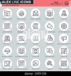 Set di icone per l'ottimizzazione di siti web e siti web per siti Web e dispositivi mobili. Contiene icone come Target, Marketing, crescita del traffico. 48 x 48 Pix Illustrazione Vettoriale