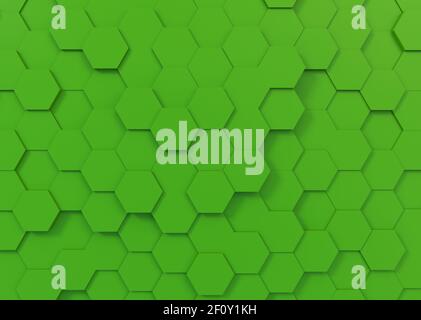 Sfondo esagonale verde con rendering 3D delle strutture geometriche Foto Stock
