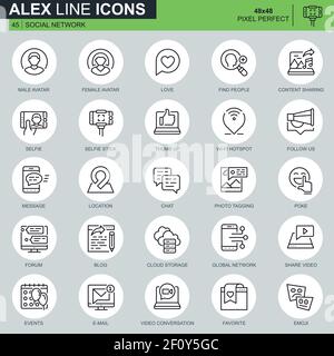 Icone di social media e di rete sottili impostate per siti Web e mobili e applicazioni. Contiene icone come Avatar, Blogging, amicizia. 48 x 48 pixel PE Illustrazione Vettoriale