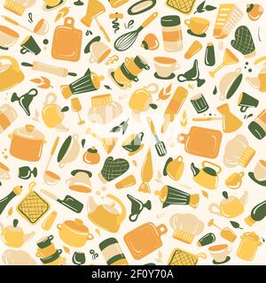 Modello senza cuciture di utensili da cucina stile retro in giallo e verde. Texture vettoriale. Elementi di design eleganti: Cucchiaio, recipiente, mixer, bottiglia Illustrazione Vettoriale