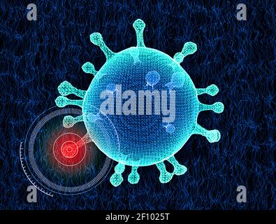 Vista microscopica del Coronavirus, un patogeno che attacca le vie respiratorie. Covid-19. Analisi e test, sperimentazione. Infezione virale Foto Stock