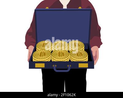 Un uomo ricco di successo che tiene in mano un caso pieno di Bitcoins d'oro, offrendo una transazione. Illustrazione della Cryptocurrency. Vettore. Illustrazione Vettoriale