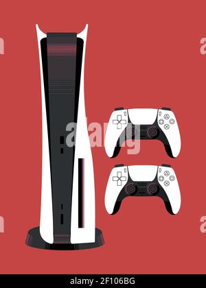 Console PlayStation 5 su sfondo a colori con illustrazione dei controller wireless. Editoriale illustrativo. Illustrazione Vettoriale