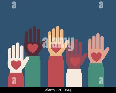 Illustrazione del volontariato. Mani di persone diverse alzate con cuori nelle loro mani. Elemento grafico Ilsolated. Vettore. Illustrazione Vettoriale