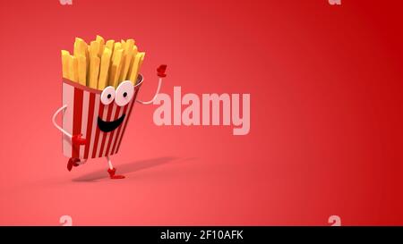 French fries personaggio in esecuzione su sfondo rosso - rendering 3D Foto Stock