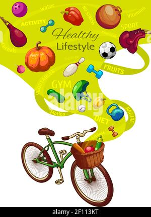 Concetto di stile di vita sano con biciclette e cesto di vimini frutta fresca e ortaggi sport outfit illustrazione vettoriale Illustrazione Vettoriale