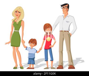 Famiglia di quattro membri in stile cartoon composizione con personaggi divertenti di ragazza madre e padre illustrazione vettoriale Illustrazione Vettoriale