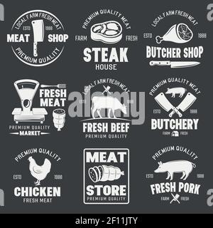 Macellaio monocromo emblemi con animali da fattoria e carne fresca prodotti su sfondo nero immagine vettoriale isolata Illustrazione Vettoriale