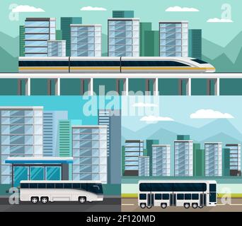 Composizioni ortogonali per il trasporto pubblico impostate con treni e autobus edifici urbani sfondo isolato vettore illustrazione Illustrazione Vettoriale