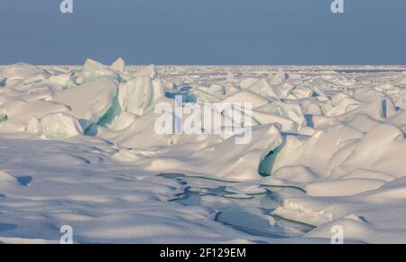 Ice build-up, stretto di Mackinac, tra il lago Michigan e il lago Huron, Michigan, USA, febbraio, di James D Coppinger/Dembinsky Photo Assoc Foto Stock