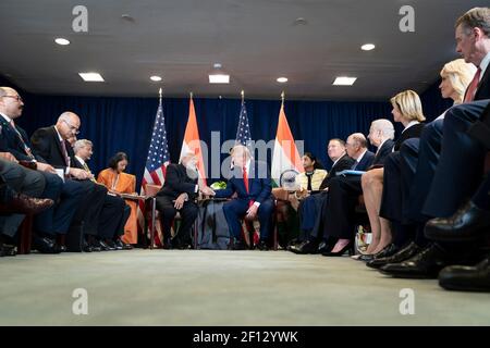 Il presidente Donald Trump e il primo ministro indiano Narendra modi hanno partecipato a una riunione bilaterale martedì 24 2019 settembre presso la sede centrale delle Nazioni Unite a New York. Foto Stock