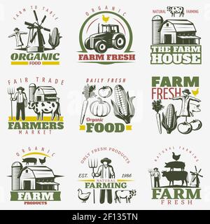 Emblemi agricoli isolati insieme con alimenti animali vegetali prodotti biologici simboli dei trattori agricoli e didascalie modificabili, illustrazione vettoriale Illustrazione Vettoriale