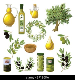 Elementi di olio di oliva cartoon insieme con rami di albero wreath caraffe vaschette vaschette gocce isolato vettore illustrazione Illustrazione Vettoriale