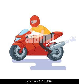 Concept di bici sportiva rossa piatta con uomo in casco moto su sfondo bianco illustrazione vettoriale Illustrazione Vettoriale