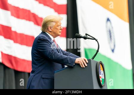 Il presidente Donald Trump ha commentato il suo intervento domenica 22 2019 settembre in occasione di un raduno in onore del primo ministro Narendra modi allo stadio NRG di Houston, Texas. Foto Stock