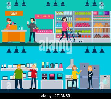 Persone in negozio banner orizzontali con clienti e lavoratori in illustrazione vettoriale dei negozi di alimentari e hardware Illustrazione Vettoriale