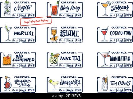 Sketch bevande alcoliche etichette set con scritte calligrafiche classico colorato illustrazione vettoriale isolata di cocktail e bevande Illustrazione Vettoriale