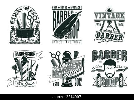 Set di loghi per barbiere vintage monocromatici con iscrizioni per taglio di capelli strumenti e accessori illustrazione vettoriale isolata Illustrazione Vettoriale