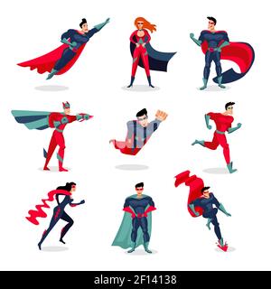 I personaggi dei supereroi sono ambientato con persone che indossano costumi colorati in diversi posa e azioni illustrazione vettoriale isolata Illustrazione Vettoriale