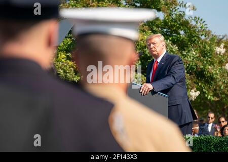 Il presidente Donald Trump fa le sue osservazioni in occasione della cerimonia di osservanza del Pentagono dell'11 settembre mercoledì 11 settembre 2019 al Pentagono di Arlington, Virginia Foto Stock