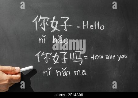 Imparare l'alfabeto cinese "pinyin" in classe. Foto Stock