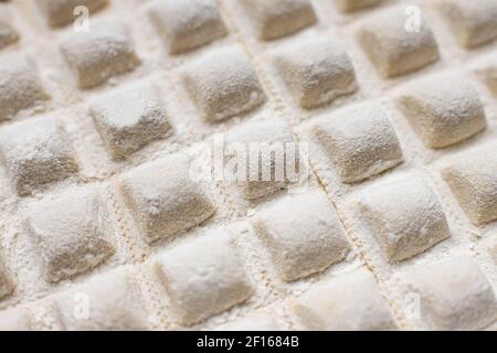 Primo piano di ravioli italiani grezzi. Pasta fatta in casa pronta per essere cucinata Foto Stock