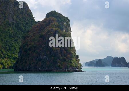 Il paesaggio di Halong Bay, Vietnam. La baia presenta migliaia di rocce calcaree e isole di varie forme e dimensioni. Foto Stock